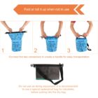 Three images show hands rolling a blue dry bag with instructions to fold or roll it when not in use. Step 1: Fold the bag. Step 2: Keep folding. Step 3: Connect the two ends to form a handle. A warning advises against using it as diving equipment.