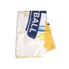Folded white towel with a blue and yellow pattern, featuring partial letters and shapes resembling a sports team or club logo.