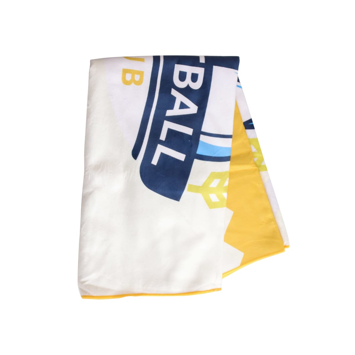 Folded white towel with a blue and yellow pattern, featuring partial letters and shapes resembling a sports team or club logo.