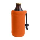A brown glass bottle with a gold cap is snugly placed inside an orange neoprene sleeve. The sleeve has a drawstring with a black toggle for securing the bottle.