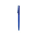A blue ballpoint pen with a cap and a clip, standing upright against a plain white background.