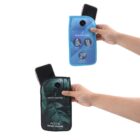 Two hands each holding a Faraday pouch containing a smartphone. The top pouch is blue with instructional icons; the bottom pouch is black with green leaf patterns and PCT230 Patent Pending text.