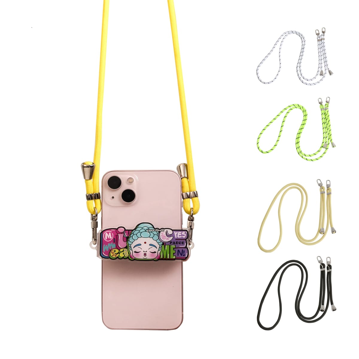 Smartphone with a colorful cartoon holder and a yellow lanyard. Four additional lanyards are displayed on the right: white-gray, green-white, yellow, and black. Each lanyard has metal clips for attaching to the phone holder.