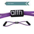 Purple resistance band with black foam handles and a central black cushion labeled alth. A turquoise arrow above points right with the text Print Option.