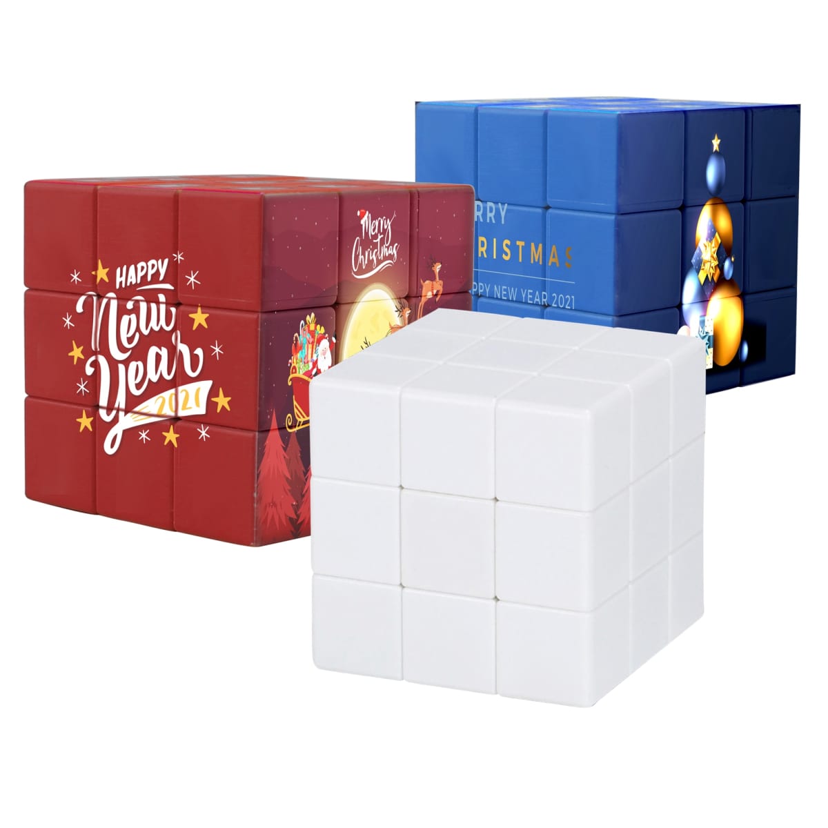 Three cube-shaped gift boxes are shown. The red box features Happy New Year 2021 with festive images, the blue box says Merry Christmas & Happy New Year 2021 with ornaments, and the front box is plain white.