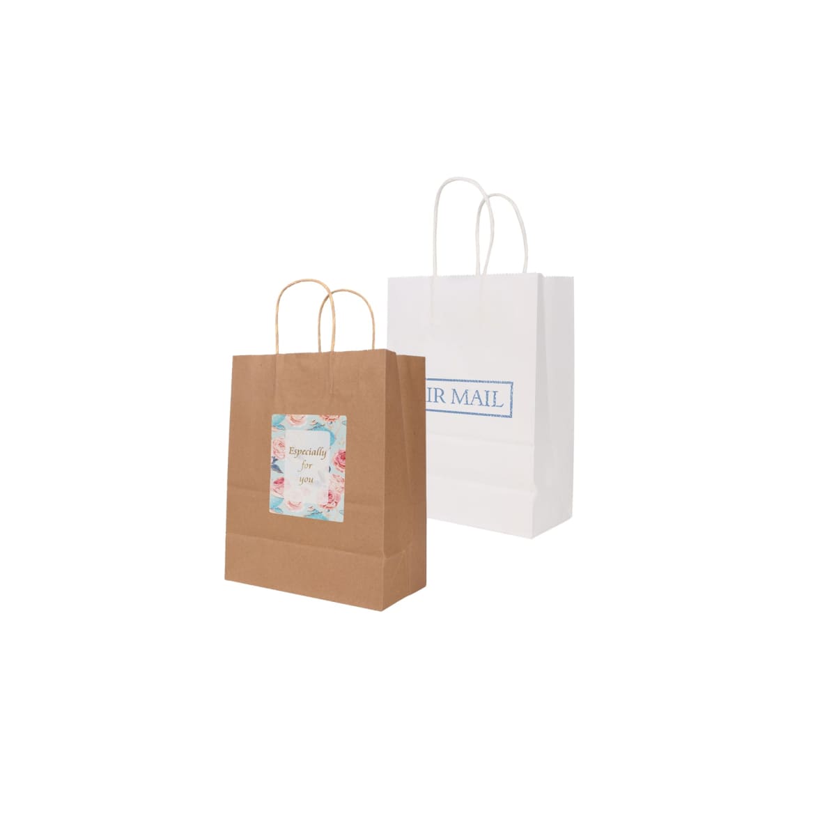 Two paper bags, one brown with floral design, one white with Air Mail text.