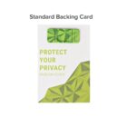 A green and white card labeled Standard Backing Card features a geometric pattern and text reading Protect Your Privacy Webcam Cover. A small, green plastic webcam cover is attached to the cards top edge.