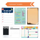 A collection of five customized templates: a nightly to-do list, a weekly menu, yellow blank stationery paper, a 2025 calendar for January, and a colorful school timetable with cartoon animals. An orange arrow points to the heading Customized Templates.