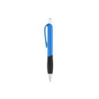 A blue and black ballpoint pen with a silver tip and clicker is centered against a white background. The pen has a curved clip on the side.