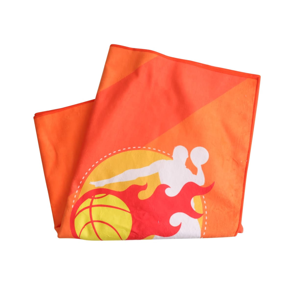 An orange basketball towel featuring a stylized graphic of a person holding a basketball, with dynamic design elements like flames and a circular background. The towel is folded neatly.