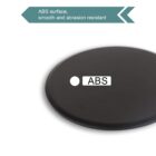 Circular black surface with ABS label, illustrating its smooth and abrasion-resistant properties. There is a teal arrow in the top left with text: ABS surface, smooth and abrasion resistant.
