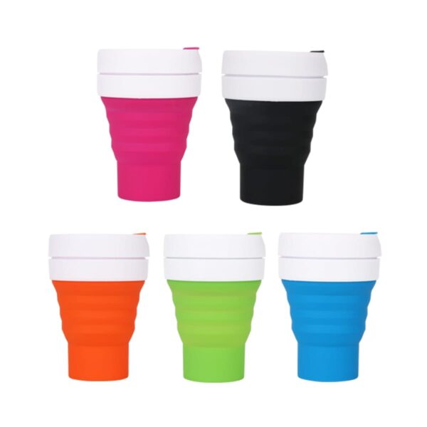 Five collapsible silicone cups in pink, black, orange, green, and blue. Each cup has a white lid and a compact design suitable for travel. They are arranged in two rows against a white background.