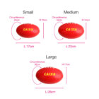 Image displaying three red rugby balls labeled CAIXA in different sizes: Small (circumference 34cm, height 10cm, length 17cm), Medium (circumference 42cm, height 14cm, length 23cm), and Large (circumference 55cm, height 17cm, length 28cm).