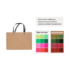 A brown paper bag with black handles is shown. Next to it, a sign explains color differences on white versus brown kraft paper. Color swatches on two charts display variations of green, pink, and red on each paper type.