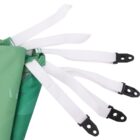 Close-up of the corner of a green outdoor canopy with multiple white straps ending in black plastic clips. The straps are attached to the canopys fabric on one side.
