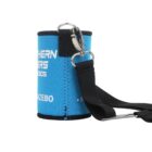 A blue cylindrical drink holder with white text, featuring a black strap and a metal clip attached.