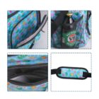 Collage of a colorful bag with tropical flowers and fruits pattern. Images show its front with a zipped pocket, side with a mesh pocket holding a bottle, open top displaying the main compartment, and a close-up of the padded shoulder strap.