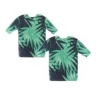 Two tropical-themed shirts with large green palm leaves on a dark background. The shirts have short sleeves and a round neckline, laid flat and seen from the back.