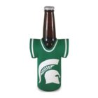 A brown bottle is covered by a green jersey-shaped sleeve featuring a white Spartan helmet logo. The top of the bottle cap is visible.