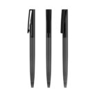 Three black ballpoint pens are shown standing upright on a white background. The pens have a sleek design with black clips, and they are aligned side by side, each at slightly different angles.
