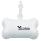 White bone-shaped container with a loop for hanging. It displays the text Yorkdale Community Church in black along with a small dove graphic.