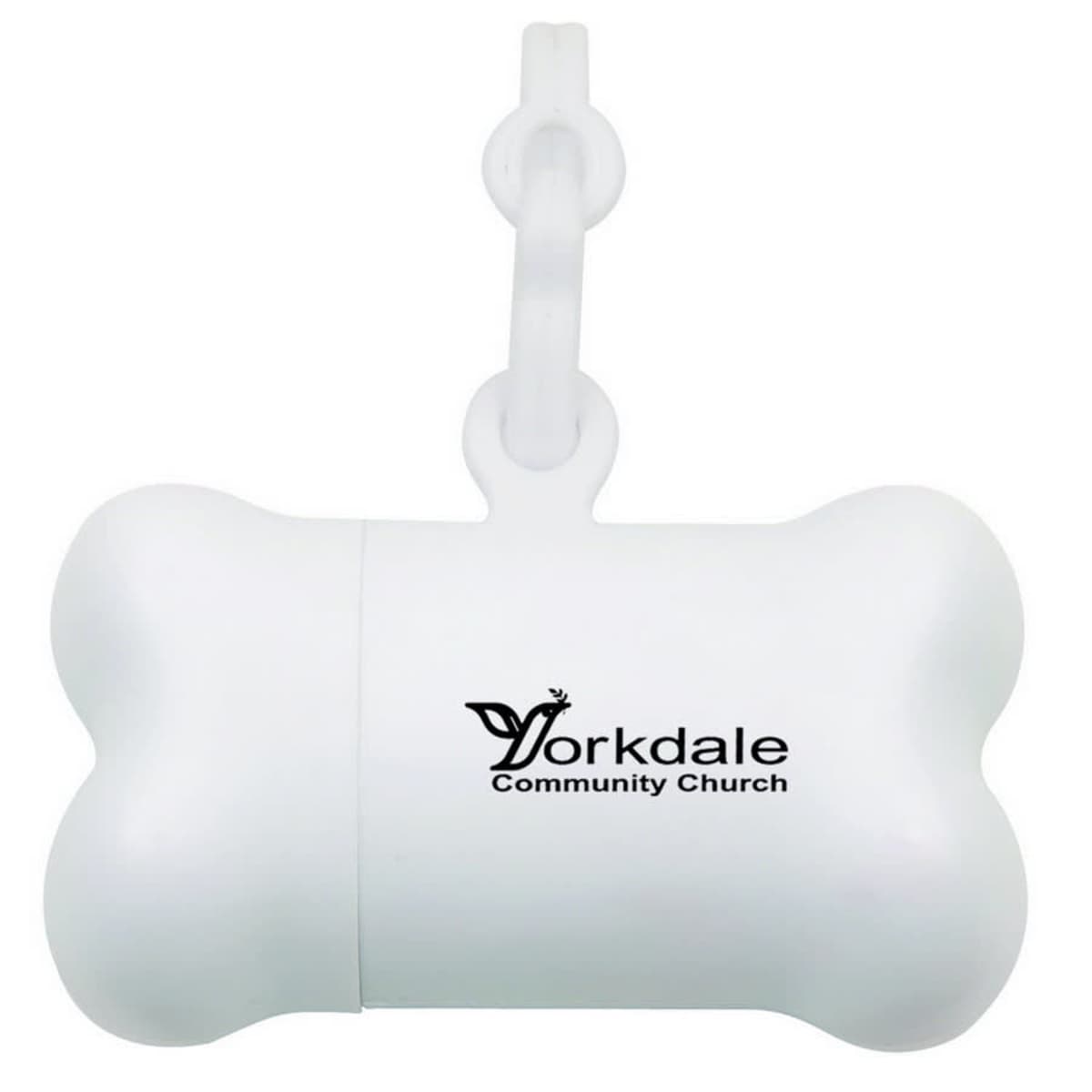 White bone-shaped container with a loop for hanging. It displays the text Yorkdale Community Church in black along with a small dove graphic.