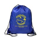 A blue drawstring bag with Middleton Elementary and a horse logo in yellow. Below the logo are the address 505 E. Green St. Middletown and phone number 240-332-5550 in yellow text.