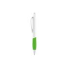 A retractable ballpoint pen with a white body, silver clip and push button, and a green rubber grip. The pen is centered against a white background.