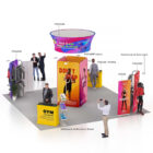 A 3D rendering of a trade show booth. Includes a circular overhead sign, promotional displays with vibrant graphics, mannequins with sportswear, and attendees interacting. Descriptive labels highlight booth elements, like brochure stand and arm light.