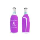 Two bottle coolers in purple with white trim. One displays the text I Love Cans along with a white ribbon and a breast cancer awareness message, including a website URL. The coolers have bottles inside, visible at the top.