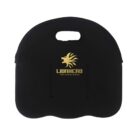 Black lunch bag with a handle, featuring a golden lion head logo and the text LIONHEAD YOUR COMPANY SLOGAN in the center. The bag has a curved bottom and simple design.
