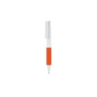 A ballpoint pen with a white body, orange grip, and white clip on a plain white background.