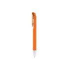 Orange ballpoint pen with a sleek design, featuring a silver tip and a clip for attachment, isolated on a white background.