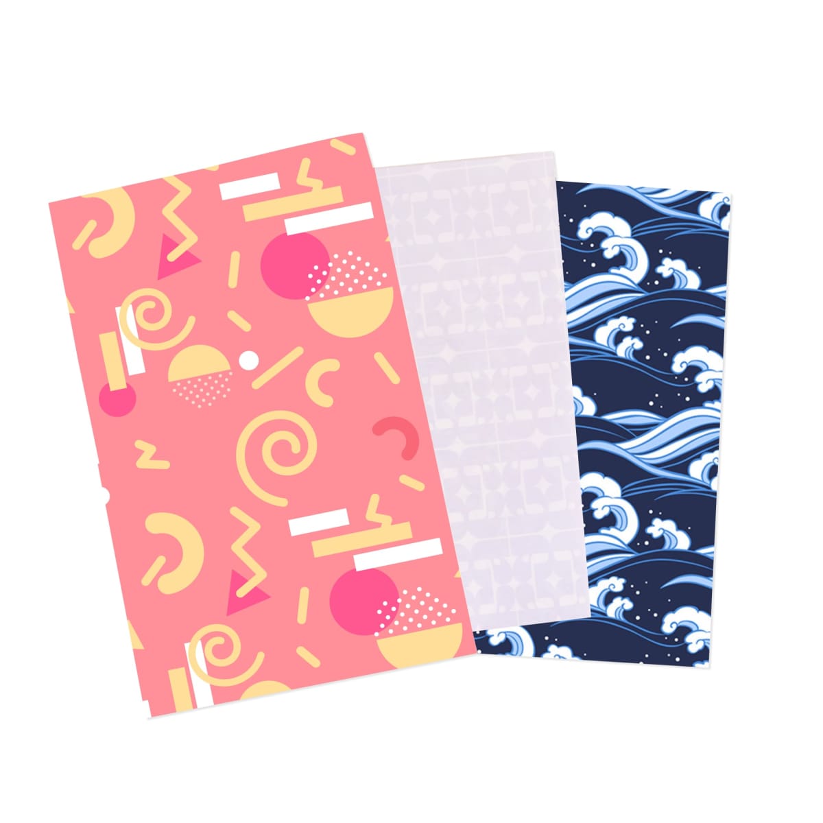 Three decorative notebooks are displayed. The first has a pink cover with abstract shapes in yellow and white. The second has a subtle geometric pattern. The third features a dark blue cover with white wave designs.