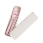 A rectangular beige container with a lid, containing a pink spoon, fork, and a pair of chopsticks.