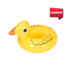 A yellow inflatable duck pool float with black eyes and a bright orange beak. The word custom is written in white on a red speech bubble in the top-right corner.
