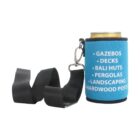A blue can cooler with a black strap features a list of outdoor structures: gazebos, decks, Bali huts, pergolas, landscaping, and hardwood posts. Theres a can inside the cooler, and the strap is attached to it with a metal clip.