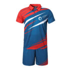 A sports uniform consisting of a short-sleeve polo shirt and shorts. The outfit is mainly blue with red and white diagonal stripes. The shirt features a collar and an area labeled Company Name on the chest.