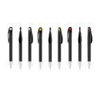 A row of nine black pens with silver tips and different colored dots on the clips, arranged against a white background.