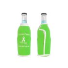 Two green bottle coolers with white trim. One reads I Love Cans in white text, featuring a white ribbon and a URL for a breast cancer organization. Both coolers encase glass bottles with clear liquid and white caps.