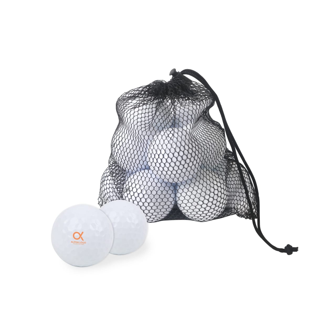 A black mesh bag filled with white golf balls, with two golf balls placed in front of the bag. Each ball has an orange logo printed on it. The drawstring of the bag is visible at the top.