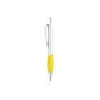 A white and yellow retractable pen with a silver clip and tip, shown against a plain white background. The pen has a sleek design with a curved clip and a yellow rubber grip.