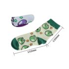 A pair of socks featuring cartoon frog faces and stars. One sock is folded, showing a purple UFO design with stars. The other is laid flat, measuring 155mm in length and 120mm in height, with a green toe, heel, and cuff.