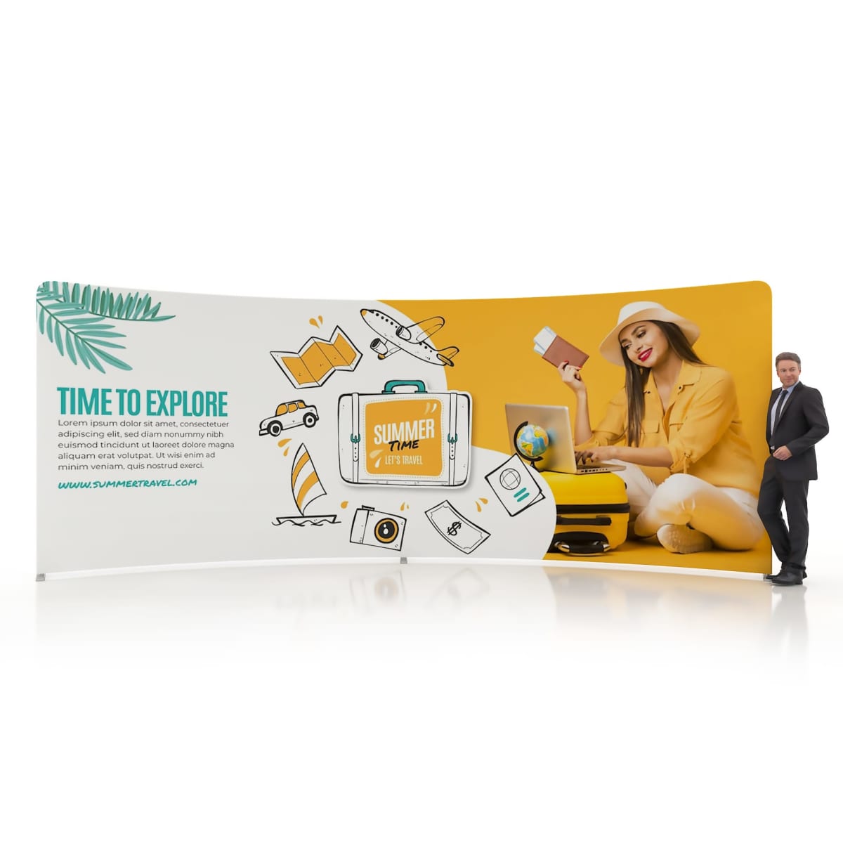 A curved display features a travel-themed design with Time to Explore text on the left and illustrations of a suitcase, camera, plane, and laptop. To the right, a person in yellow poses with travel items, beside a man in a suit.