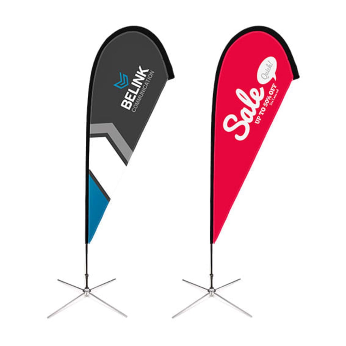 Two teardrop-shaped advertising flags with metal X-bases. The left flag is black with geometric designs and the text BELINK COMMUNICATION. The right flag is red with the word Sale and additional small text.