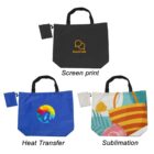 Three reusable bags are displayed, each with a different print method. The top bag is black with StockTalk in yellow, labeled Screen print. The bottom left bag is blue with a colorful logo, labeled Heat Transfer. The bottom right bag has a beach design, labeled Sublimation.