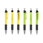 Six retractable ballpoint pens are arranged in two rows against a white background. The first row has three pens with yellow barrels and black grips, while the second row has three pens with green barrels and black grips.
