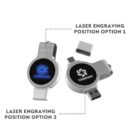Two rotating USB drives are shown. One is closed, displaying the ALPHA LOGO, and the other is open, showing a USB connector and COMPANY logo. Labels indicate laser engraving positions for branding, option 1 on the front and option 2 on the side.