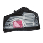 Black carrying case filled with various metal rods and a pink plastic bag, partially open to reveal the contents.