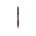 A brown and black retractable ballpoint pen with a metal clip and push button, isolated on a white background.
